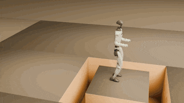 SeeBFM in simulation: a humanoid crosses a 40 cm gap, steps over a moving 15 cm block, and climbs stairs using depth cameras
