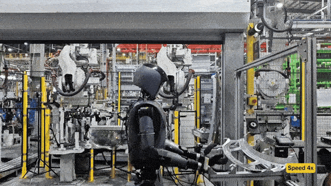 VinRobotics humanoid running a full pick-and-place cycle in a car bodyshop