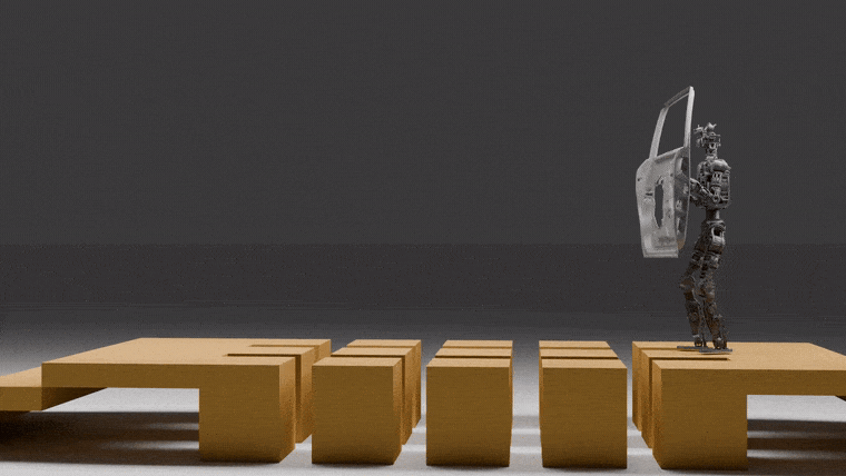 Simulated humanoid carrying a car door over terrain, trained in parallel simulation