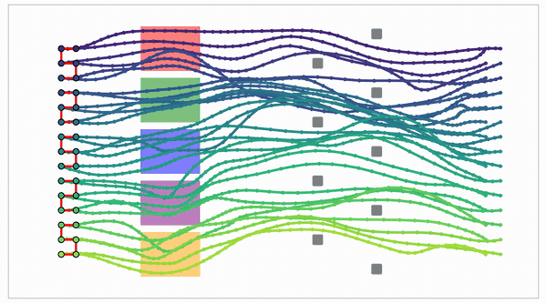 30 simulated robots, more constraints; each color is a distinct robot path